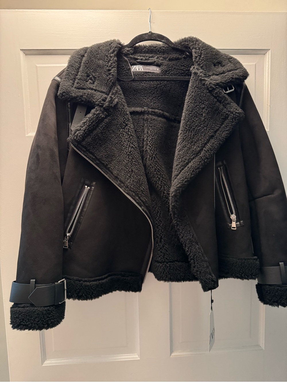 Zara Black Teddy Shearling Aviator Jacket with Buckle Cuffs